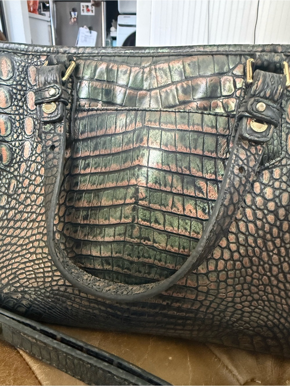 Brahmin Metallic Green Croc Embossed Leather Satchel Crossbody Purse Mini Asher - Picture 7 of 12